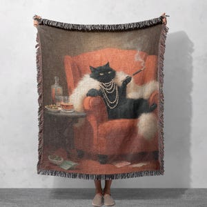 Elegant vävd filt för kattlounge i 100 % bomull, sofistikerad vävd filt med kattdekor, vävd filt för vintagekattkonst, elegant