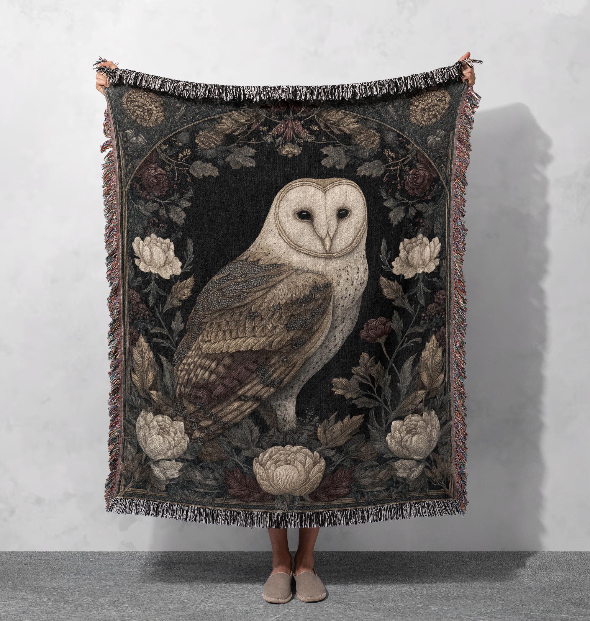 Barn Owl Woven Blanket 100% Cotton, Gothic Floral Decor Throw Blanket, Dark Academia Art Tapestry, V