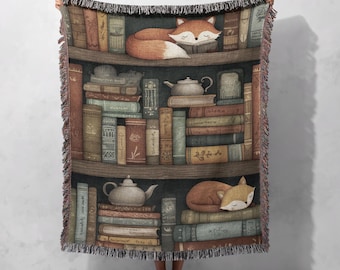 Book Lover Gift Woven Blanket 100% Cotton, Sleeping Fox Library Throw Blanket, Librarian Bookshelf Woven Tapestry, Cozy Reader Teacher Gift.