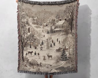 Christmas Holiday Woven Blanket 100% Cotton, Winter Village Scene Woven Throw, Family Gathering Gift For Mom, Farmhouse Decor, Colonial Home
