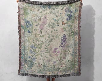 Pastellfärgad vävd filt med vildblommor, 100 % bomull - Elegant filt med delikat blom- och fjärilsdesign för Cottagecore Decor, Cottagecore