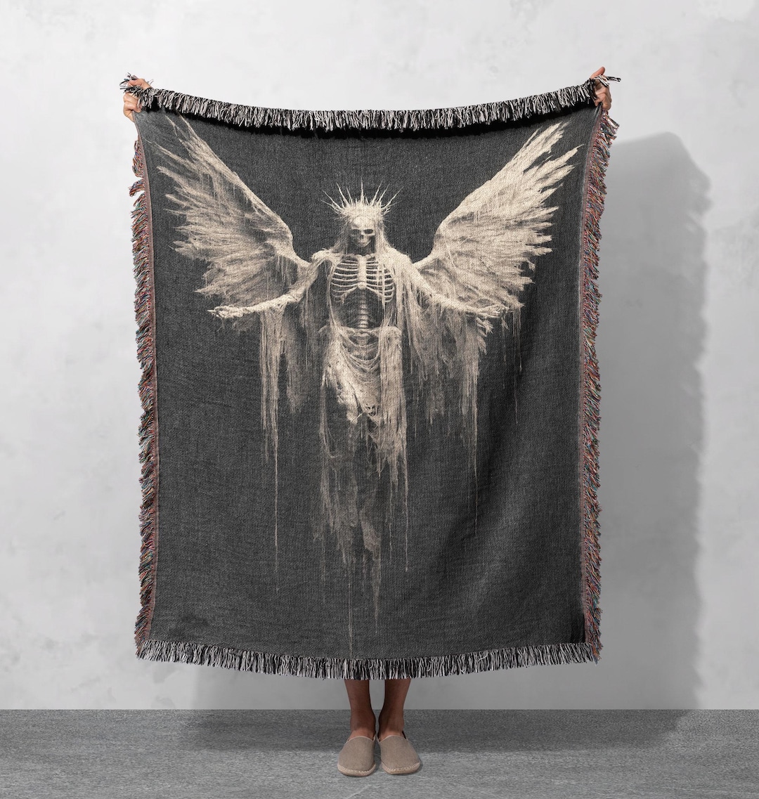 Dark Angel Skeleton Woven Blanket 100% Cotton, Gothic Winged