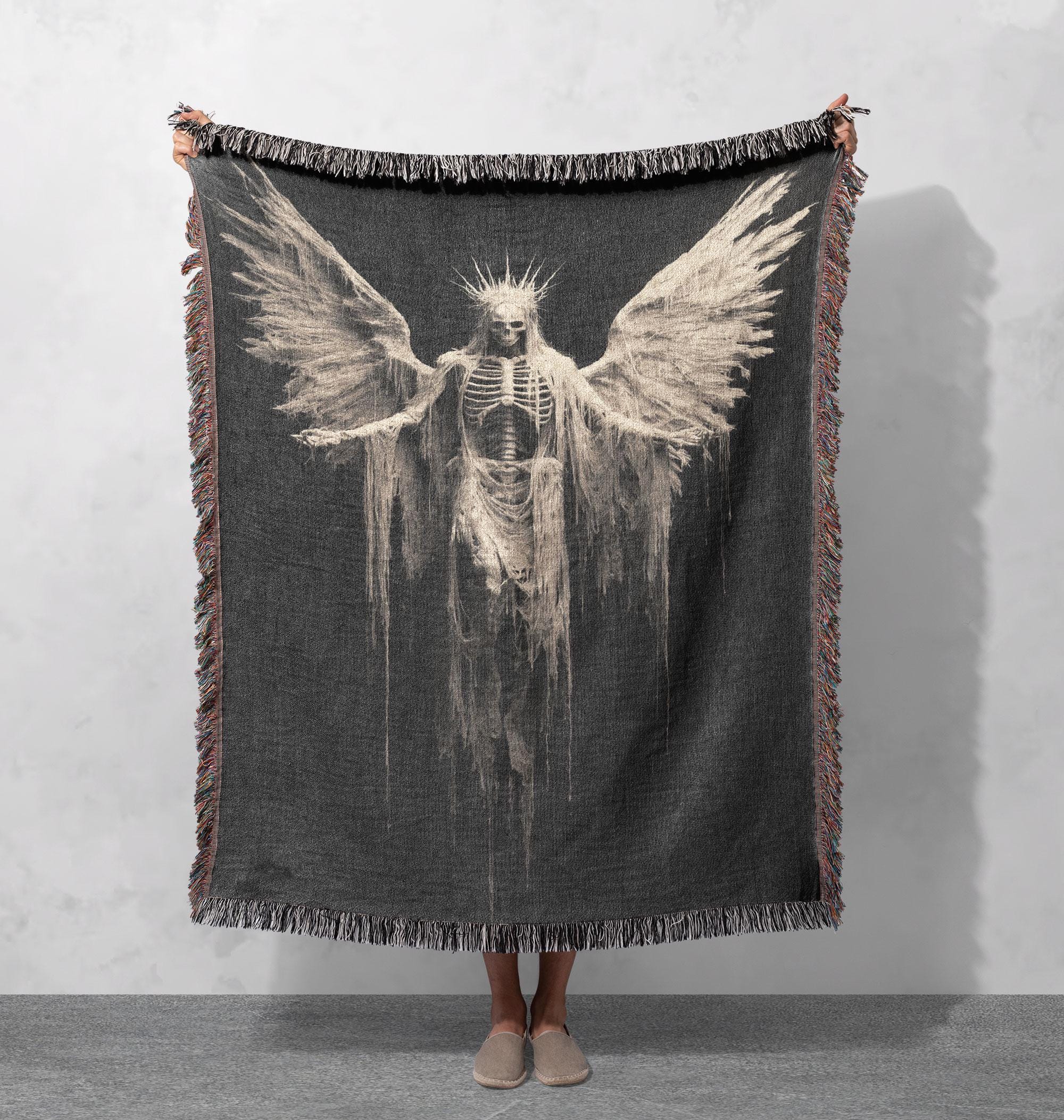 Dark Angel Skeleton Woven Blanket 100% Cotton, Gothic Winged