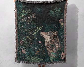 Wolf and Nature Woven Blanket 100% Cotton - Forest Art Throw for Cozy and Unique Home Decor, Cottagecore Tapestry