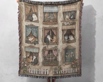 Charmante Webdecke mit Katzenmotiven im Fenster, 100 % Baumwolle – Kuschelige Decke mit Katzenmotiv für Zuhause und Katzenliebhaber, Cottagecore-Wandteppich
