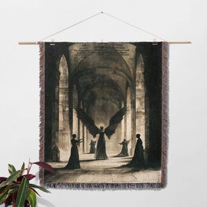 May include: A tapestry featuring a dark angel with outstretched wings in a cathedral setting. Four figures stand in the background, silhouetted against the stone walls.
