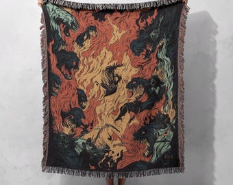 Manta tejida de fantasía oscura 100 % algodón, manta de demonio de fuego gótico, tapiz de perro del infierno, decoración única para el hogar inspirada en el terror