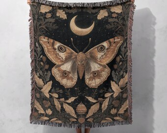 100% Cotton Moth Moon Woven Blanket, Celestial Insect Tapestry, Gothic Nature Decor