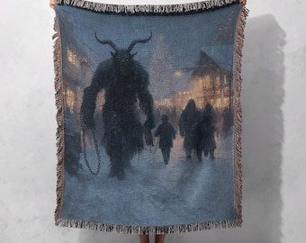 Krampus Christmas Demon Woven Blanket 100% Cotton, Gothic Horror Holiday Tapestry Blanket, Alpine Folklore Art Throw Blanket Decor Home Gift