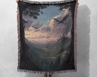 Tkany koc z motywem krajobrazu fantasy smoka, 100% bawełny, gobelin z motywem średniowiecznego zamku, gobelin z mitycznym stworzeniem, dekoracja na prezent dla gracza D&D.