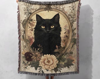 Couverture tissée 100 % coton - Plaid douillet vintage à motif chat noir et cadre floral orné, style cottagecore
