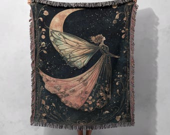 100% Cotton Enchanted Moon Fairy Woven Blanket, Ethereal Celestial Tapestry, Mystical Home Decor.