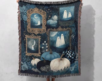 Halloween Ghost Woven Blanket 100% Cotton, Pumpkin Autumn Throw Blanket, Spooky Ghosts Home Decor Blanket, Fall Season Cozy Blanket Decor.
