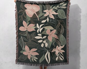 Botanical Woven Blanket 100% Cotton with Soft Floral Patterns - Cozy Nature-Inspired Throw Blanket for Home Decor, Cottagecore Tapestry