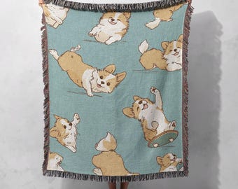 100% Cotton Corgi Dog Woven Blanket, Cozy Cottagecore Tapestry, Pet Lover Throw, Cute Home Decor, Whimsical Gift for Dog Owners