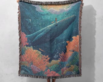 Underwater Whale Ocean Wildlife Woven Blanket 100% Cotton, Marine Nature Conservation Woven Blanket, Sea Life Animal Lover Woven Blanket.