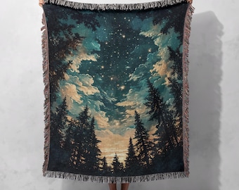 Starry Night Forest Woven Blanket 100% Cotton, Celestial Sky Art Design, Nature Lover Gift For Friend , Camping Decor , Stargazer Throw