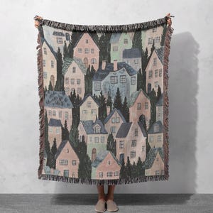 Woven Blanket 100% Cotton with Charming Houses and Forest Design, Cottagecore Tapestry