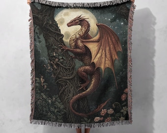 100% Cotton Dragon Moon Woven Blanket – Fantasy Tapestry, Mystical Medieval Throw