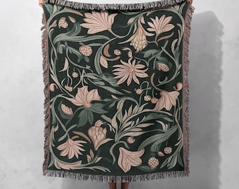 Botanical Woven Blanket 100% Cotton with Elegant Floral Design - Nature-Inspired Cozy Throw Blanket for Home Decor, Cottagecore Tapestry