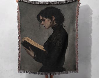 100% Cotton Gothic Reader Woven Blanket, Literary Cozy Tapestry, Dark Academia Throw, Book Lover Gift, Elegant Home Decor