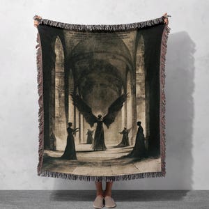 100% Cotton Gothic Angel Woven Blanket, Dark Fantasy Tapestry Throw, Mystical Home Decor, Occult-Inspired Gift. gothic blanket, angel tapestry, dark fantasy, occult decor, gothic home, celestial throw, mystical art, woven throw, fantasy gift, gothic angel, cotton blanket, witchy aesthetic, medieval decor