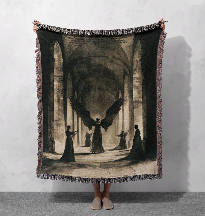 100% Cotton Gothic Angel Woven Blanket, Dark Fantasy Tapestry Throw, Mystical Home Decor, Occult-Inspired Gift. gothic blanket, angel tapestry, dark fantasy, occult decor, gothic home, celestial throw, mystical art, woven throw, fantasy gift, gothic angel, cotton blanket, witchy aesthetic, medieval decor