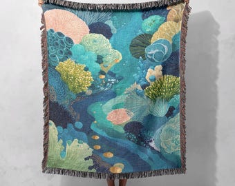 Ocean Coral Reef Woven Blanket 100% Cotton, Marine Life Woven Blanket, Underwater Nature Woven Blanket, Sea Creatures Woven Blanket, Aquatic