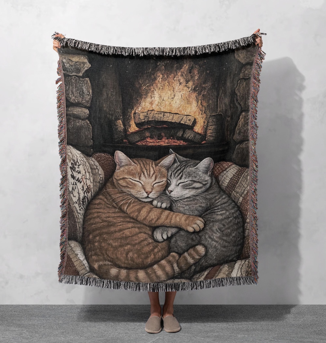Cuddling Cats by Fireplace Woven Blanket 100% Cotton, Cozy Winter Scene ...