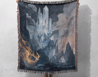 Fantasy Crystal Stag Throw, Mystical Deer Art Woven Blanket 100% Cotton, Blue Cave Home Decor, Cozy Fringe Sofa Cover for Bedroom Gift Ideas