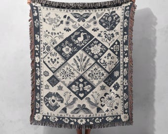 Floral Woven Blanket 100% Cotton - Vintage Blue and Cream Farmhouse Throw with Botanical Patterns and Fringe Edges, Cottagecore Tapestry