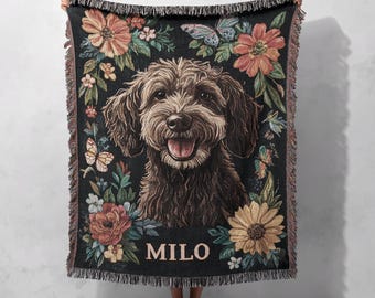 100% Cotton Custom Dog Woven Blanket, Personalized Pet Name Throw, Floral Pet Tapestry, Dog Lover Gift, Cozy Home Decor