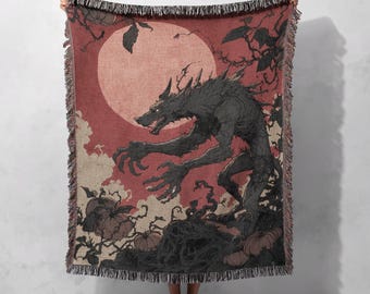 Werewolf Woven Blanket 100% Cotton, Horror Fan Gift Woven Throw, Halloween Decor Tapestry Blanket, Gothic Home Decor, Spooky Season Throw