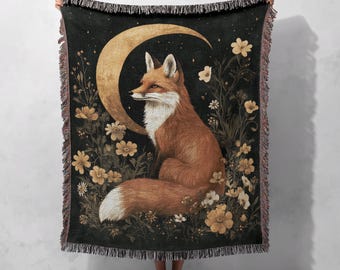 100% Cotton Fox Moon Woven Blanket – Enchanted Woodland Tapestry, Cozy Nature Throw