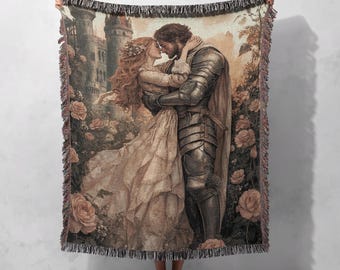 100% Cotton Medieval Romance Woven Blanket, Knight and Maiden Tapestry Throw, Fairytale Love Home Decor, Romantic Castle Gift