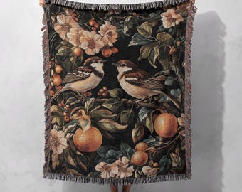Vintage geweven deken met zangvogels, 100% katoen, op de natuur geïnspireerde plaid, botanisch vogeltapijt, gezellige cottagecore decoratie.