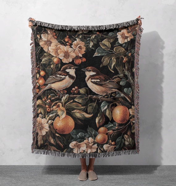 Vintage-Decke „Singvögel“ aus 100 % Baumwolle, naturinspiriert, Wandteppich mit botanischem Vogelmotiv, gemütliches Cottagecore-Dekor