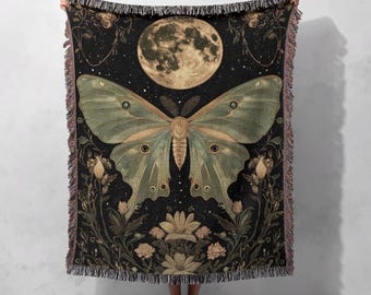 Manta tejida Luna Moth 100 % algodón, tapiz celestial, decoración gótica de naturaleza, arte místico de polillas
