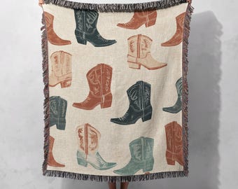 Western Cowboy Boot 100% Cotton Woven Blanket, Rustic Country Throw, Vintage Western Decor