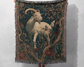 Goat Farmer Woven Blanket 100% Cotton, Vintage Art Throw Blanket, Botanical Hobby Woven Tapestry, Dark Academia, Woodland Animal Blanket