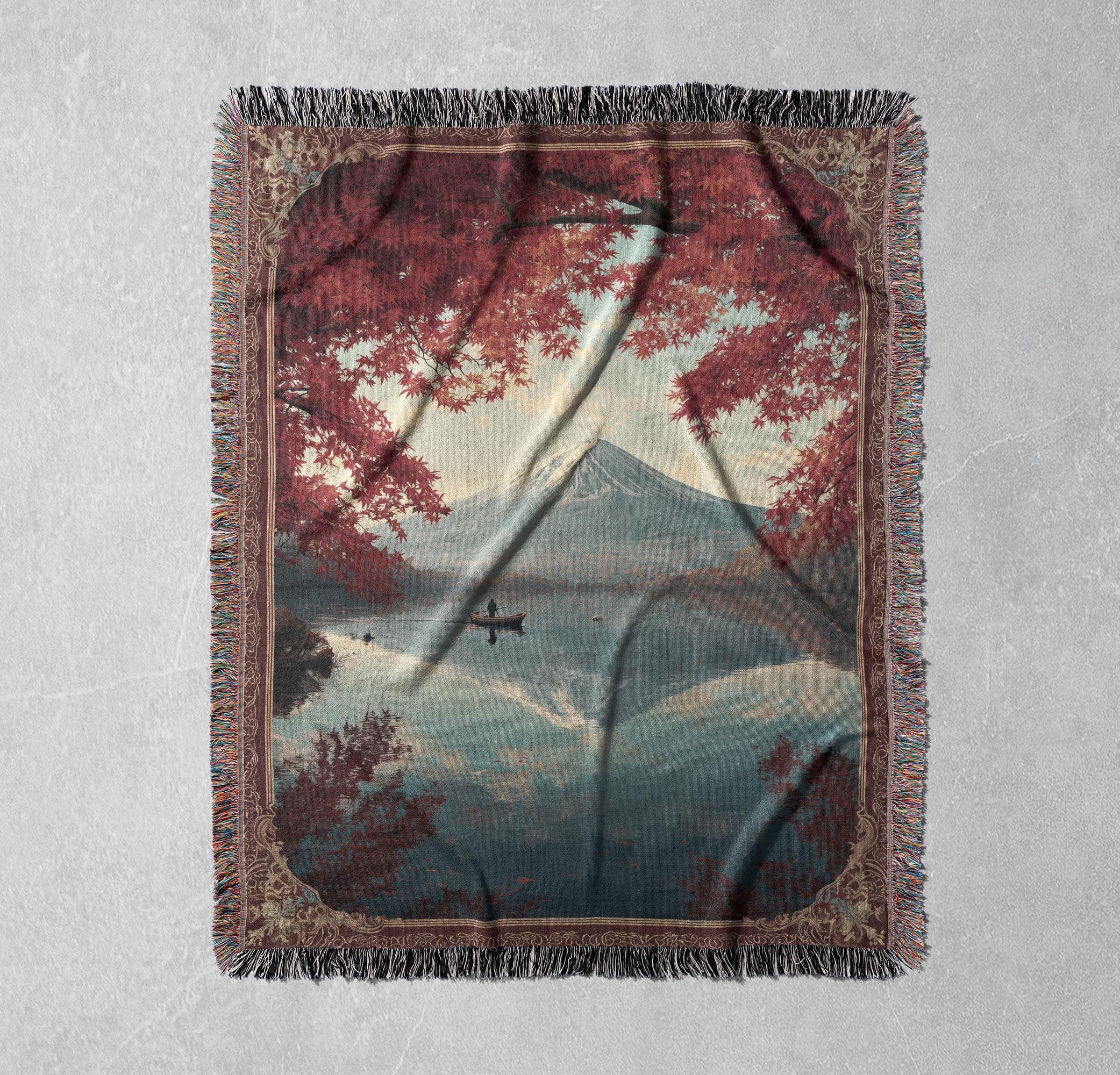 Japanese Art Woven Blanket 100% Cotton, Mount Fuji Throw Blanket