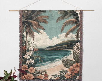 Tropical Beach Woven Blanket – 100% Cotton Coastal Throw With Palm