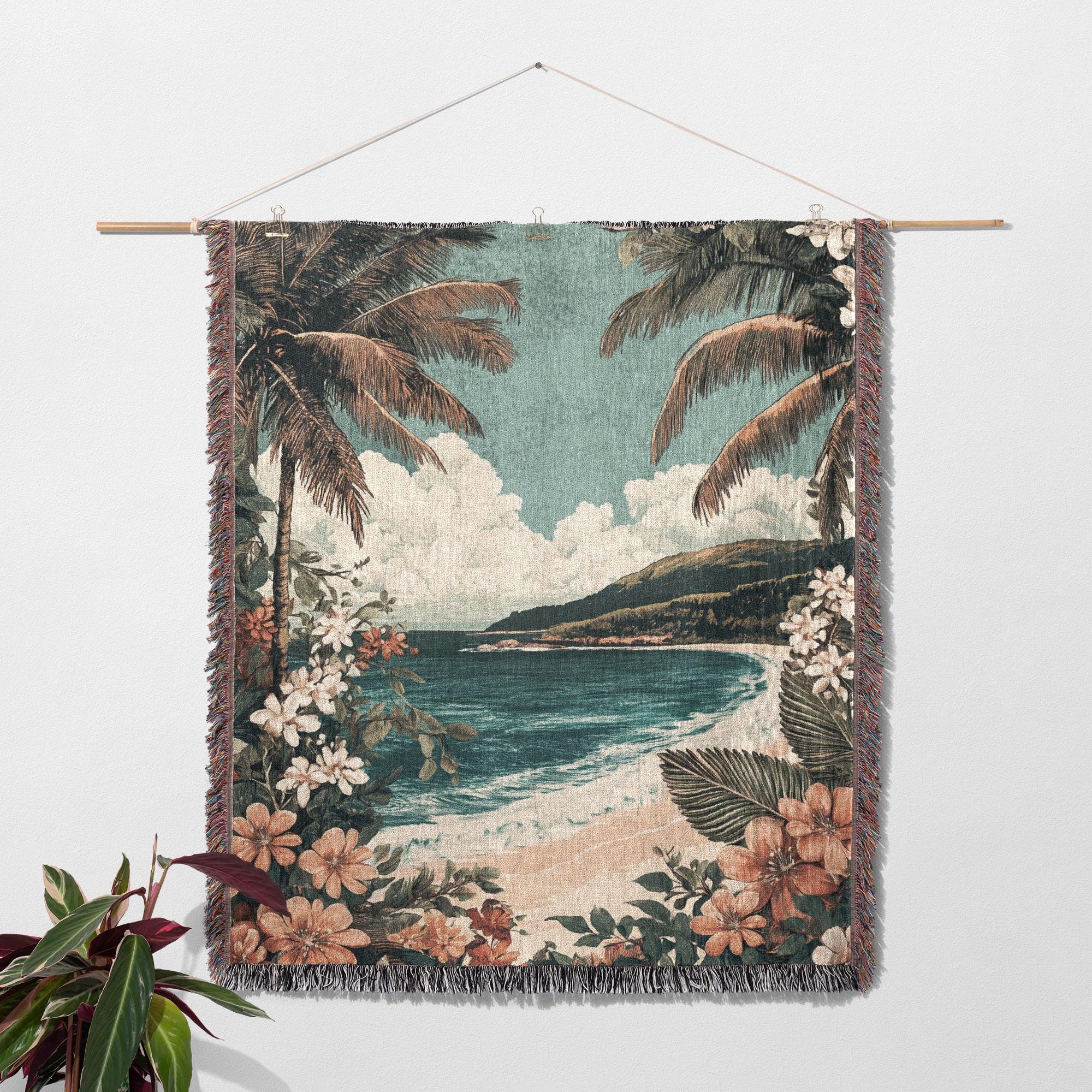 Tropical Beach Woven Blanket – 100% Cotton Coastal Throw With Palm