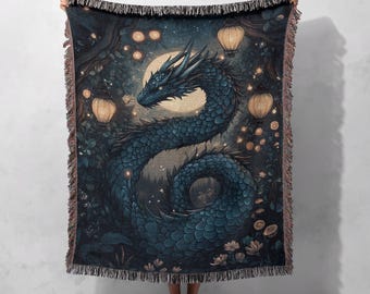 Mystical Dragon Woven Blanket 100% Cotton - Fantasy Art Throw with Lanterns and Night Sky for Cozy Home Decor, Cottagecore Tapestry