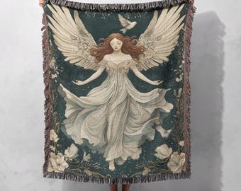 Celestial Angel 100% Cotton Woven Blanket, Ethereal Guardian Throw, Vintage Angelic Tapestry, Spiritual Home Decor