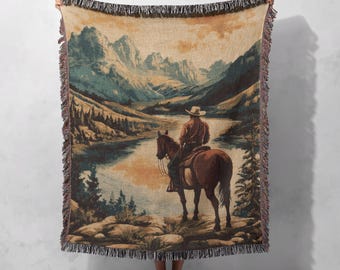100% Cotton Cowboy Woven Blanket, Western Art Tapestry, Rustic Home Decor Throw, Horseback Adventure Gift, Cozy Vintage-Style Blanket