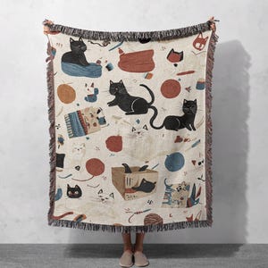 Playful Cat Woven Blanket 100% Cotton with Yarn and Box Design, Cottagecore Tapestry