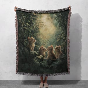 100% Cotton Woven Blanket - Cozy Artistic Throw with Vintage Cats in Forest Design, Cottagecore Tapestry