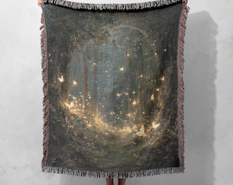 Enchanted Forest Woven Blanke 100% Cotton, Magical Woodland Woven Throw, Fairy Glow Woven Afghan, Nature Inspired Woven Blanket, Cozy Decor.