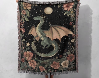Moonlit Dragon 100% Cotton Woven Blanket, Fantasy Gothic Tapestry, Mystical Creature Throw, Enchanted Home Decor